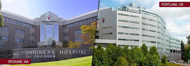 Imagen dividida del edificio del hospital de Portland, a la izquierda, y Spokane, a la derecha