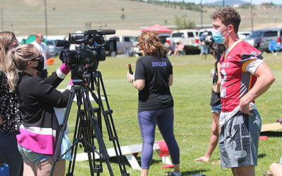 Player in front of camera being interviewed