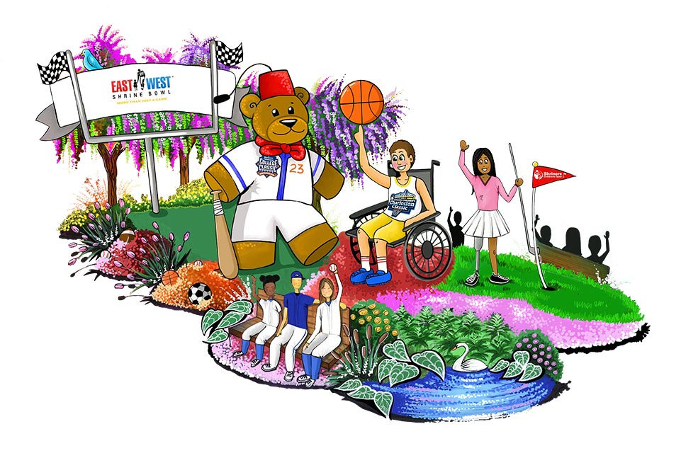 Rose Parade Float concept drawing, Fezzy Bear, patients, East West Shrine Bowl banner