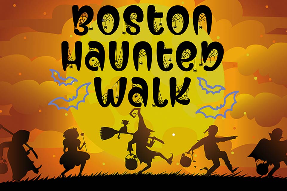 Logotipo del paseo embrujado de Boston y gráfico de Halloween