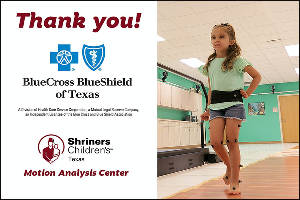 Female patient in motion analysis center with text that says thank you Blue Cross Blue Shield of Texas
