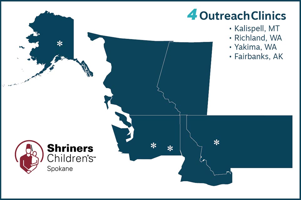 Shriners Children's Spokane logo, map of clinic locations, 4 outreach locations: Kalispell, MT; Richland, WA; Yakima, WA; Fairbanks, AK