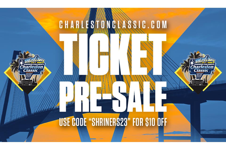 Charleston Classic pre sale graphic, Charleston Classic.com, ticket pre-sale, use code "shriners23" for $10 off, charleston classic logo