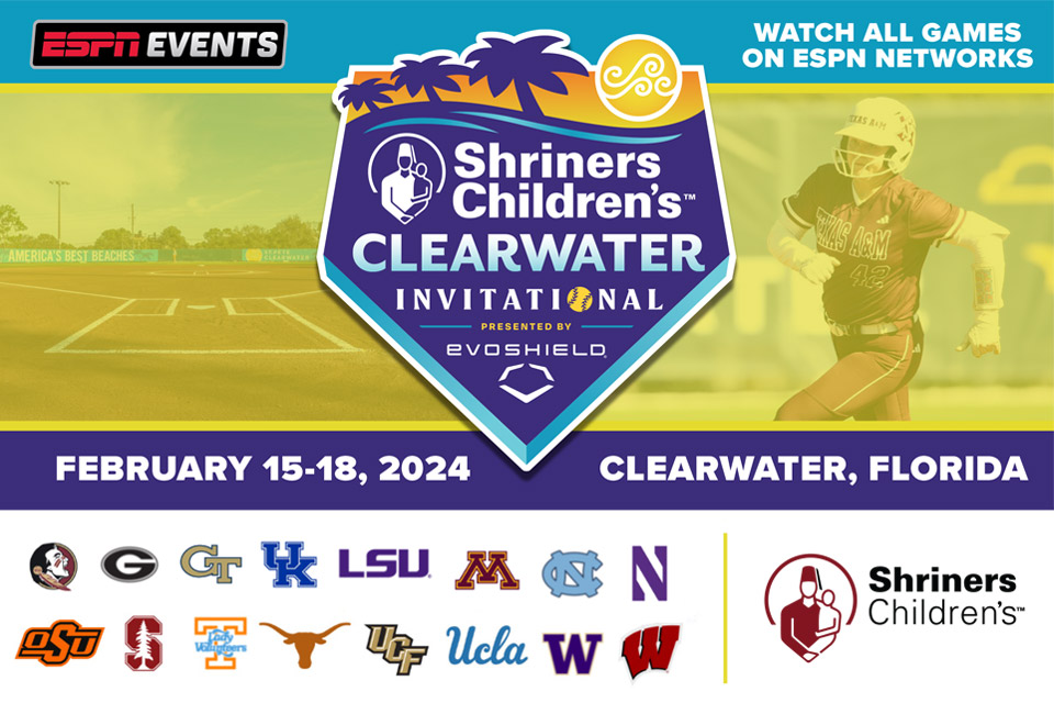 Shriners Children's Clearwater Invitational es patrocinado por el logotipo de Evoshield, del 15 al 18 de febrero de 2024, Clearwater, Florida, ESPN Events, Vea todos los juegos en las redes ESPN, logotipo de Shriners Children's, logotipos de 16 escuelas participantes