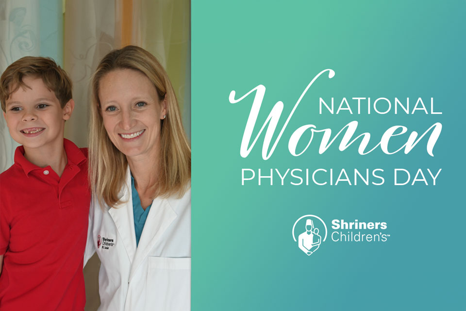 male patient and female provider, National Women Physicians Day logo, Shriners Children's logo