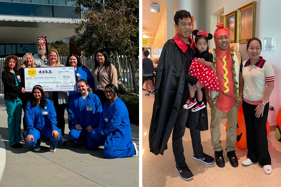 check presentation with staff members and family wearing costumes