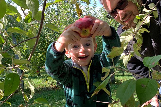 Cameron picking apples with his father