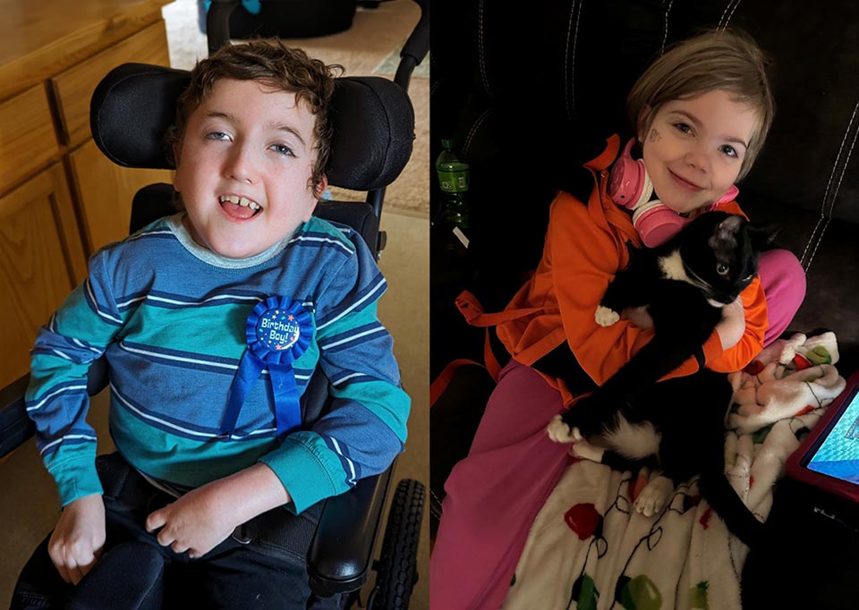 Patient in powerchair (left); Patient on couch cuddling cat (right)