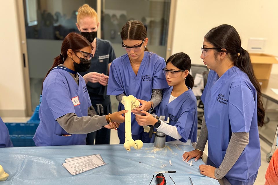 cirujano ortopédico enseñando a cuatro estudiantes