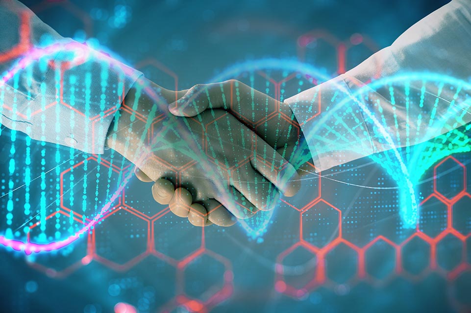 Research scientists handshake